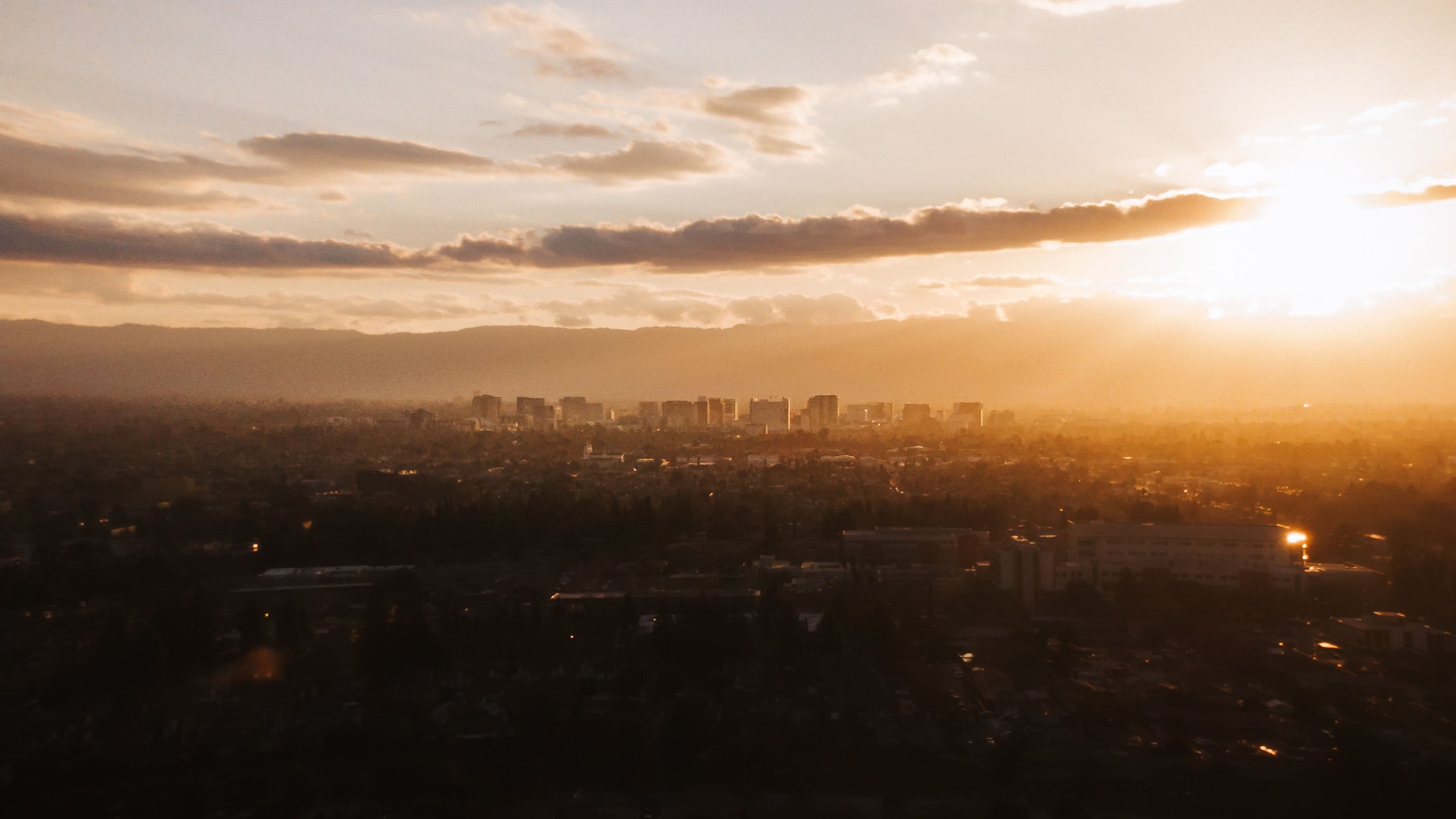 Aerial view of San Jose, California at sunset.